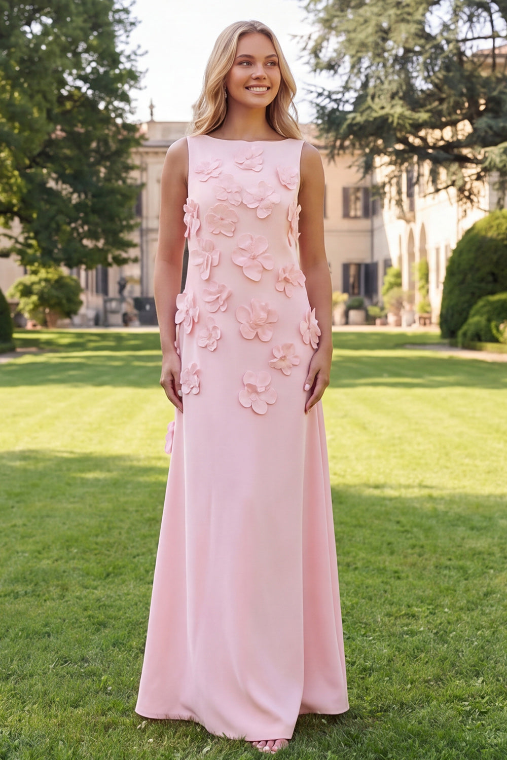 Floral Hot Pink A Line Boat Neck Long Formal Dress