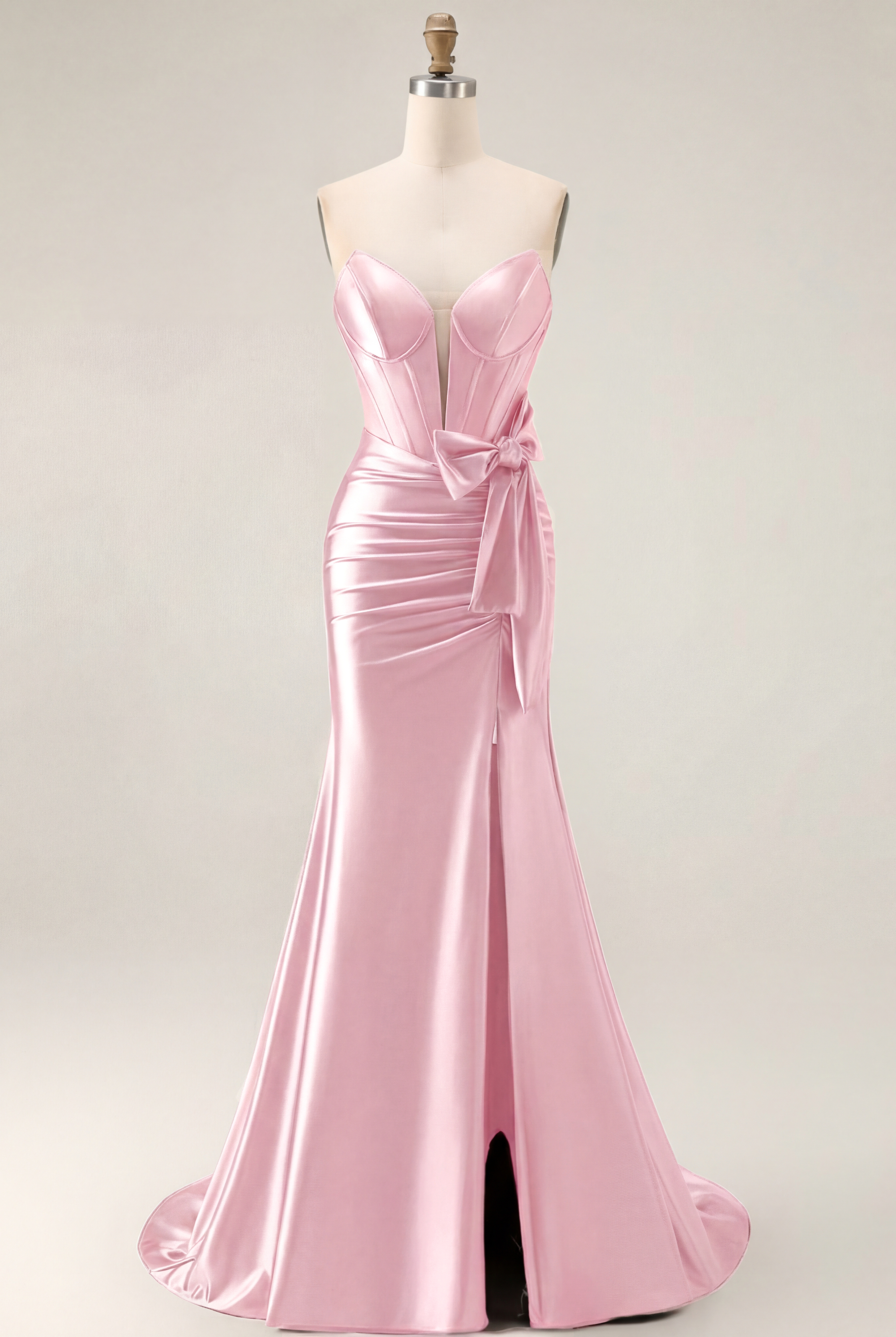 Navy Satin Strapless Mermaid Long Corset Prom Dress with Slit