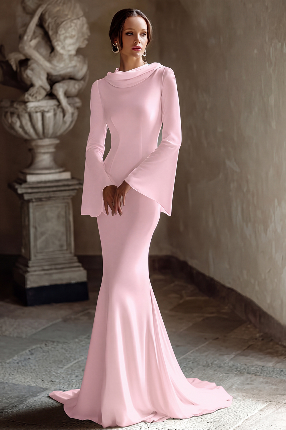 Ivory Mermaid Chiffon Cowl Neck Sweep Train Vintage Wedding Dress