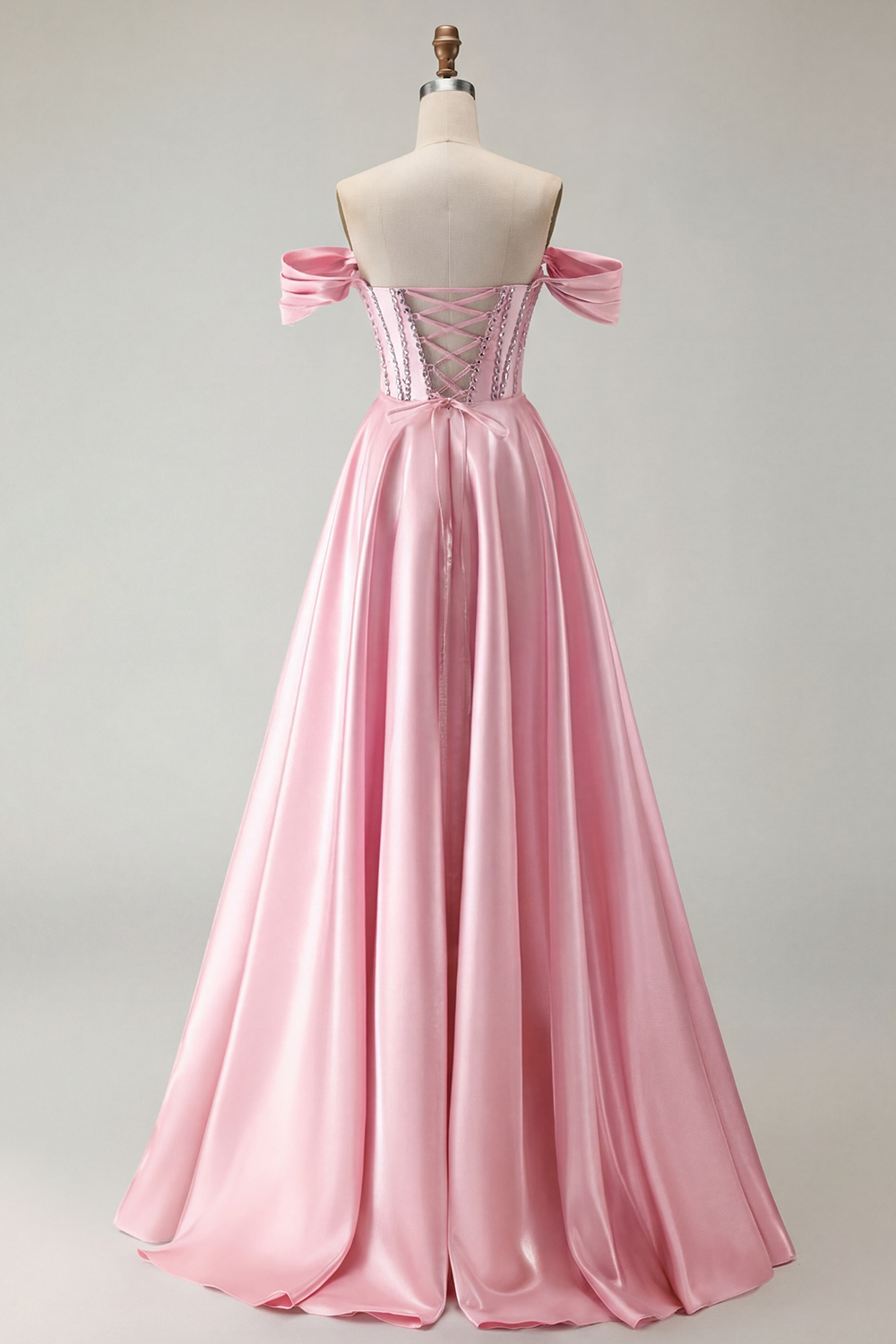 Sparkly Purple A-Line Satin Off the Shoulder Long Corset Prom Dress with Slit