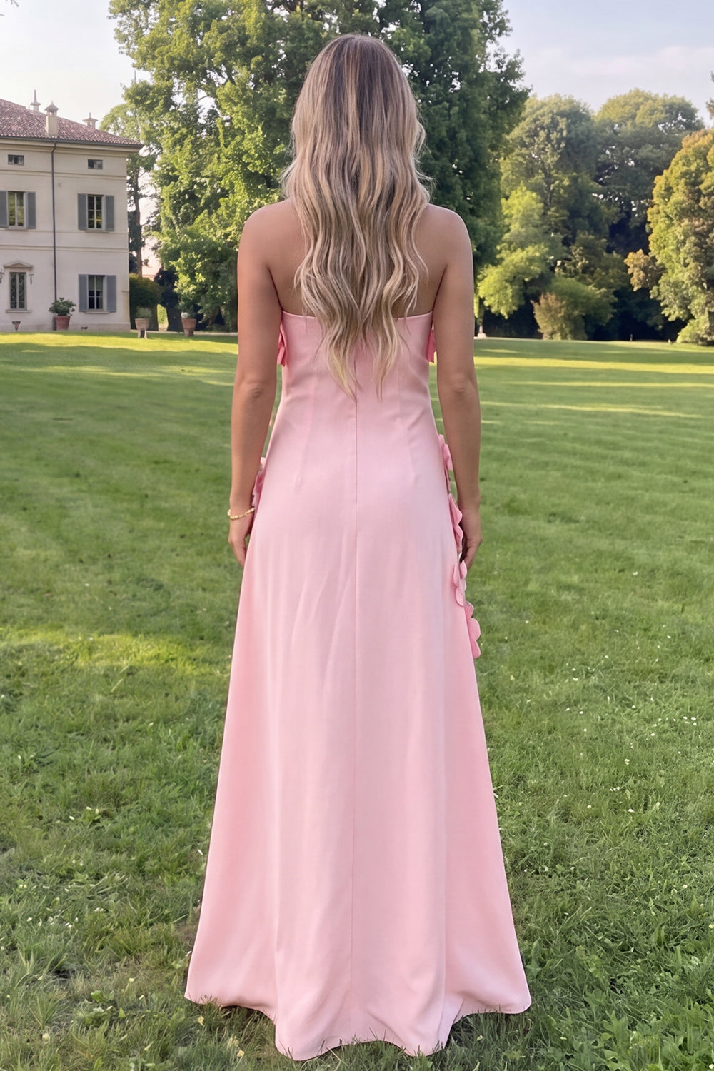 Blue Floral A Line Strapless Long Formal Dress