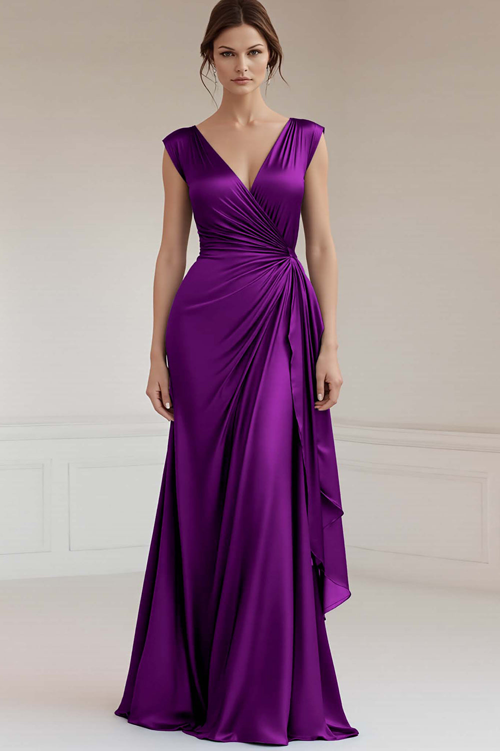 Peacock V-Neck Ruched Sheath Long Formal Dress with Ruffles