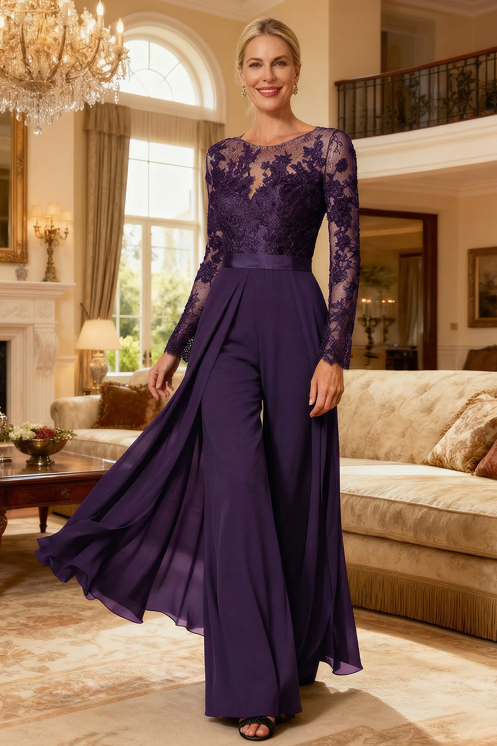 Black Illusion Neck Chiffon Mother of the Bride Pant Suits with Side Cape