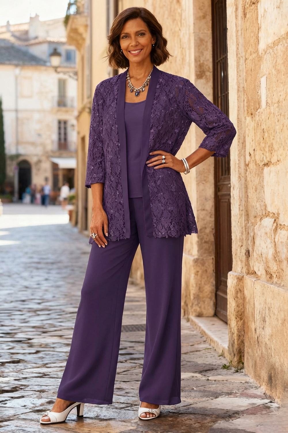 3-Piece Light Grey Round Neck Chiffon Mother of the Bride Pant Suits with Jacket