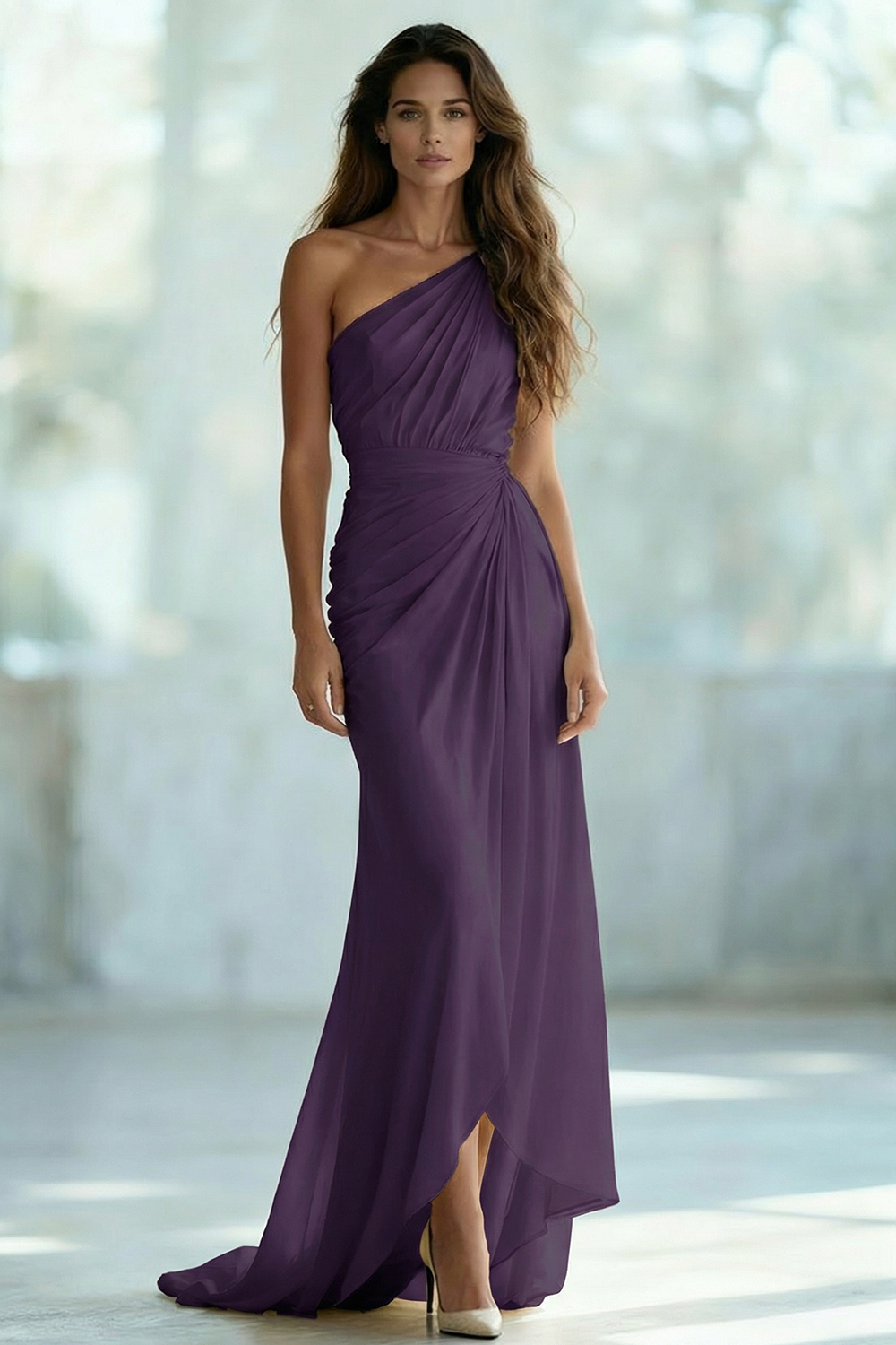 Ivory Chiffon One Shoulder Ruched Long Sheath Formal Dress