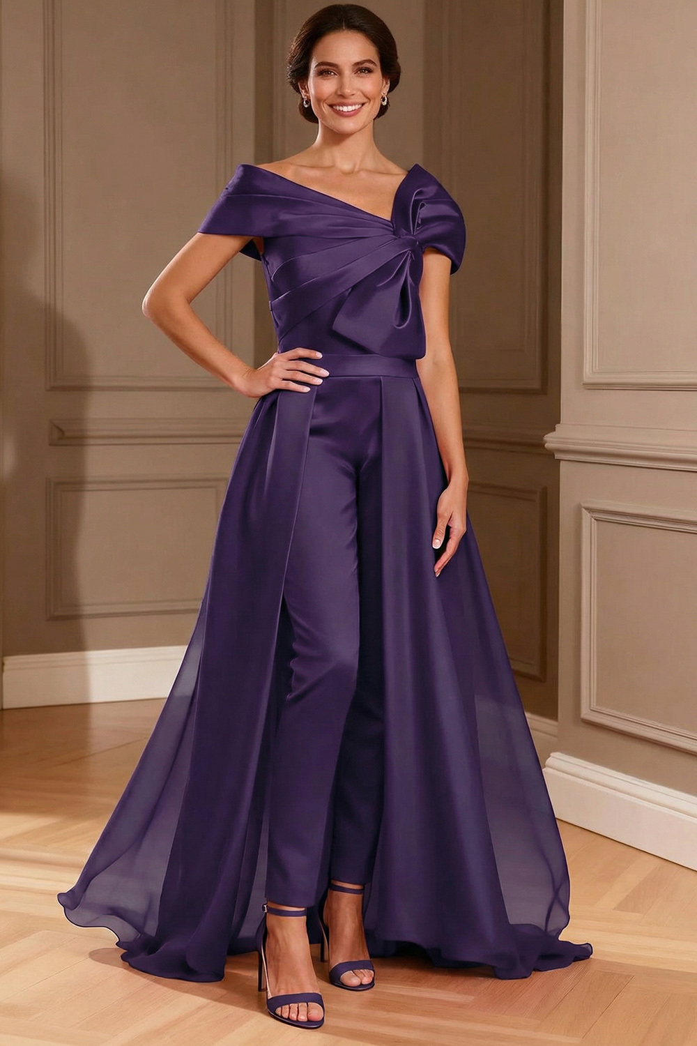 Fuchsia Satin Asymmetrical Neck Mother of the Bride Jumpsuits with Cape