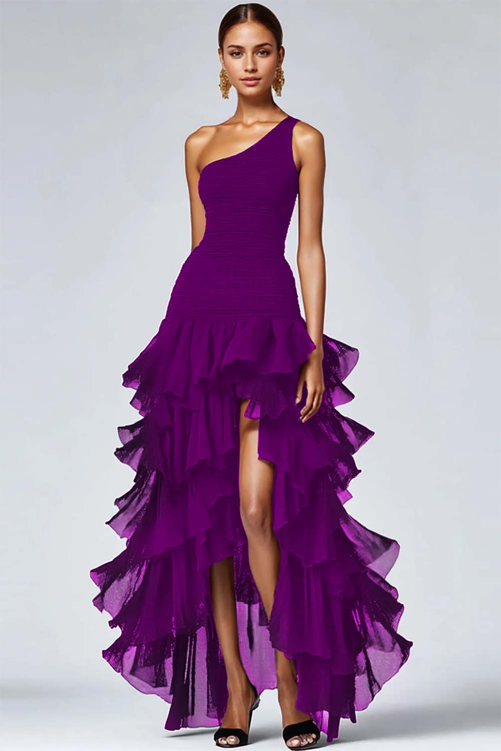 Organza A Line One Shoulder Tiered Long Black Tie Dress