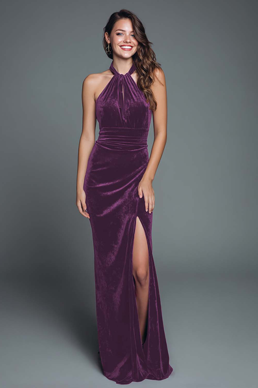 Burgundy Halter Mermaid Long Velvet Holiday Party Dress with Slit