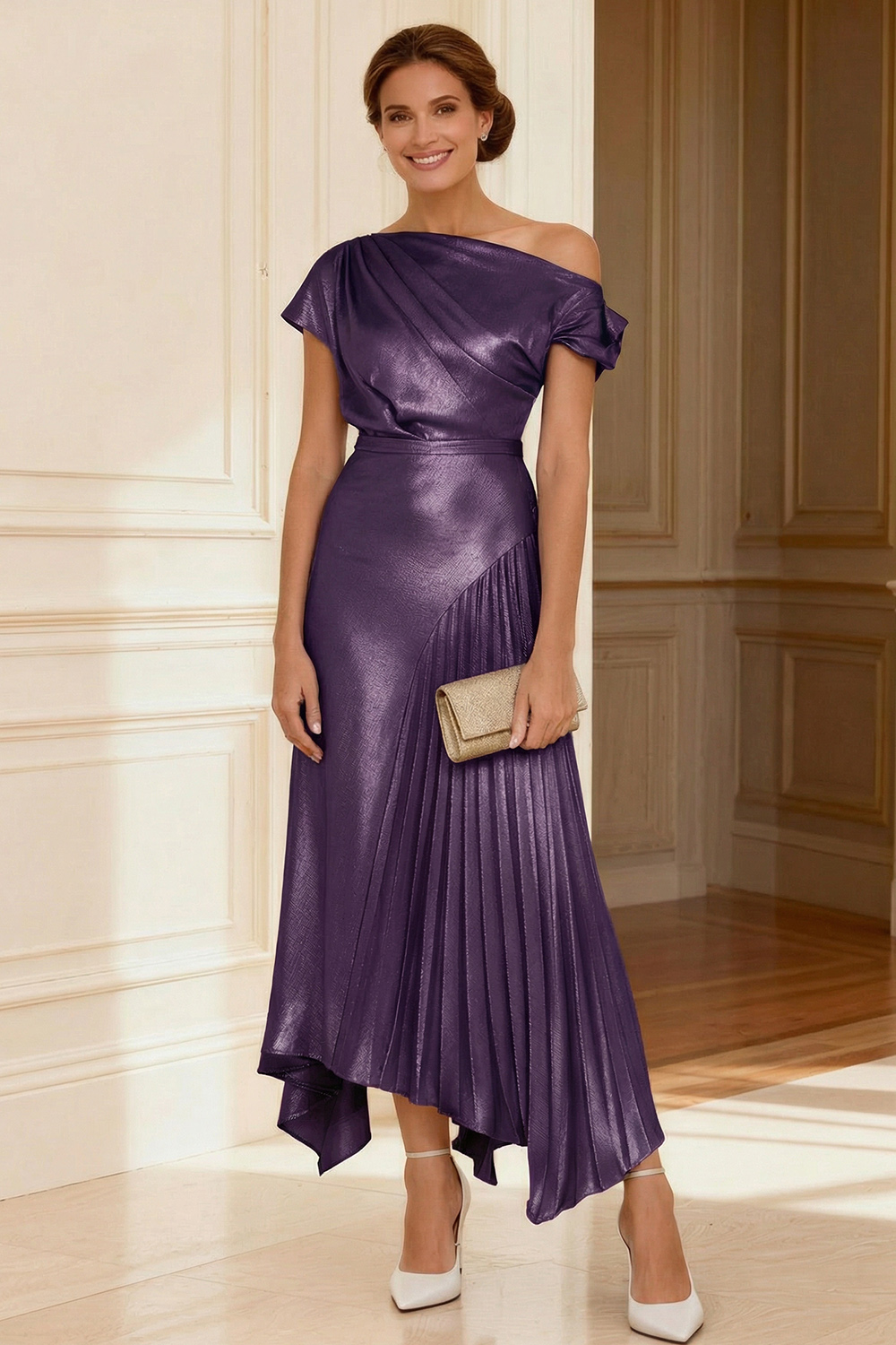 Silver A Line Asymmetrical Neck Pleated Ankle-Length Mother of the Bride Dress