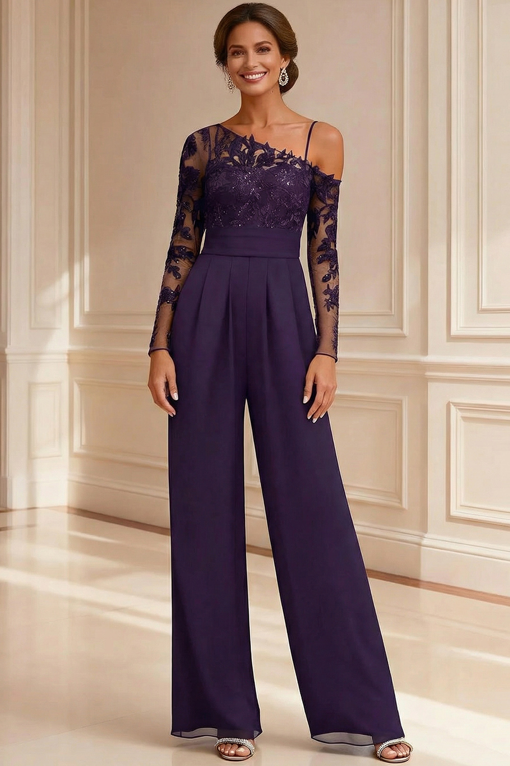 Sparkly Navy Beaded Asymmetrical Neck Mother of the Bride Jumpsuits with Lace