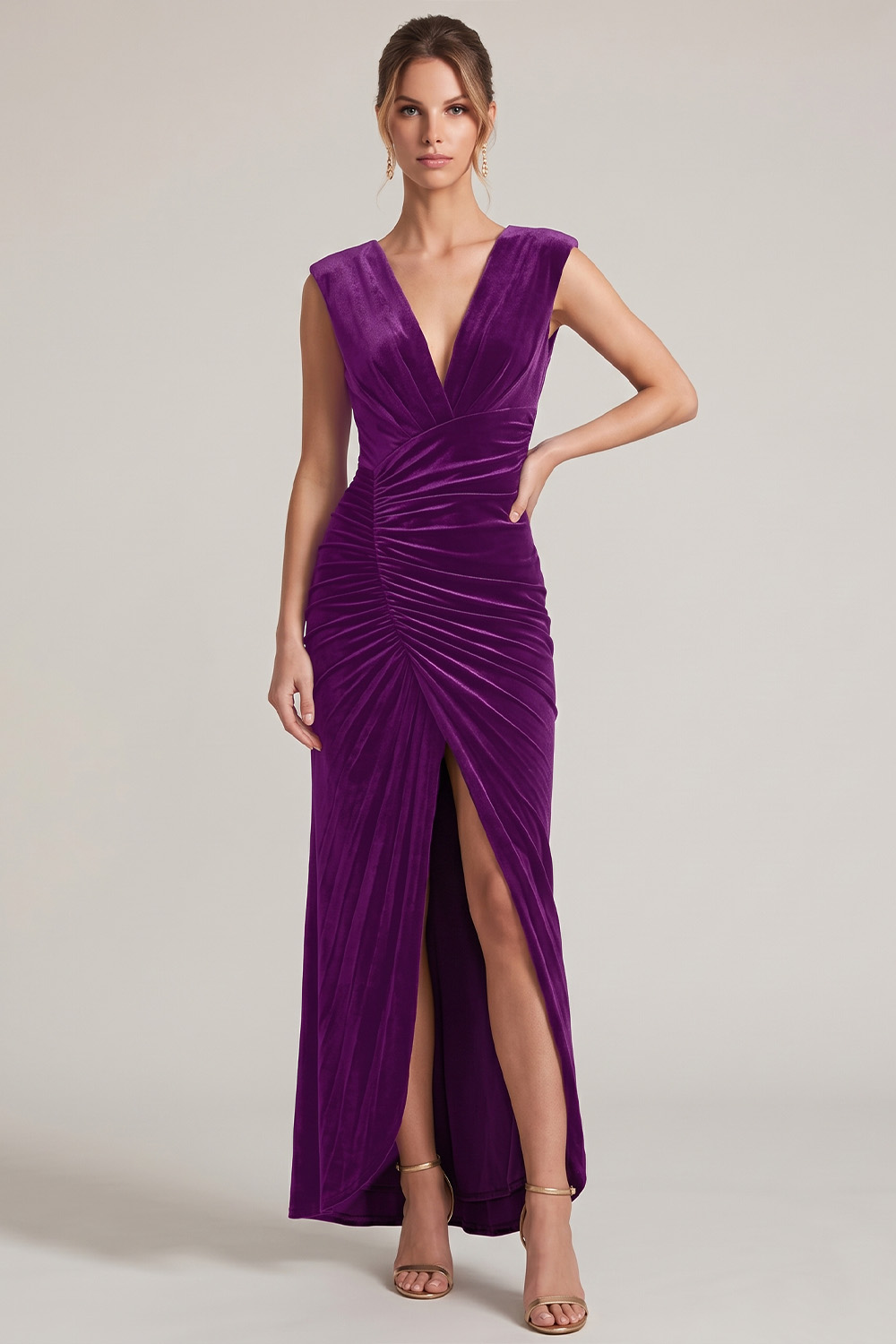 Dark Green Velvet Sheath V-Neck Ruched Maxi Holiday Dress with Slit