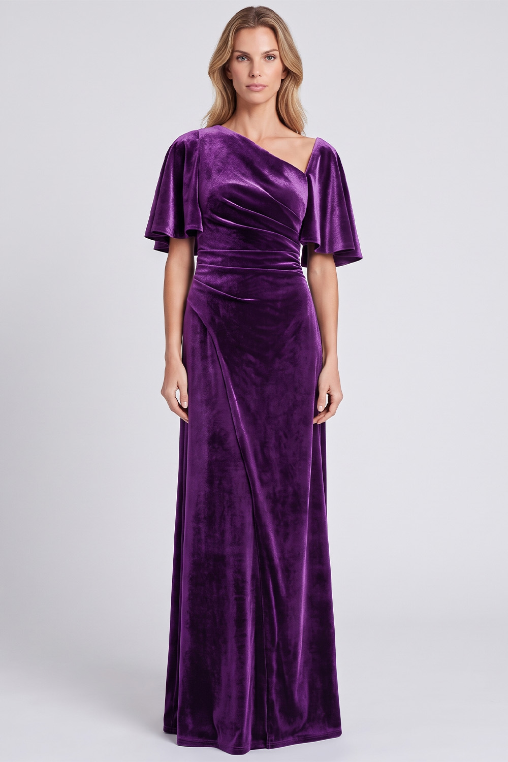 Dark Grey Sheath Asymmetrical Neck Velvet Ruched Long Holiday Party Dress