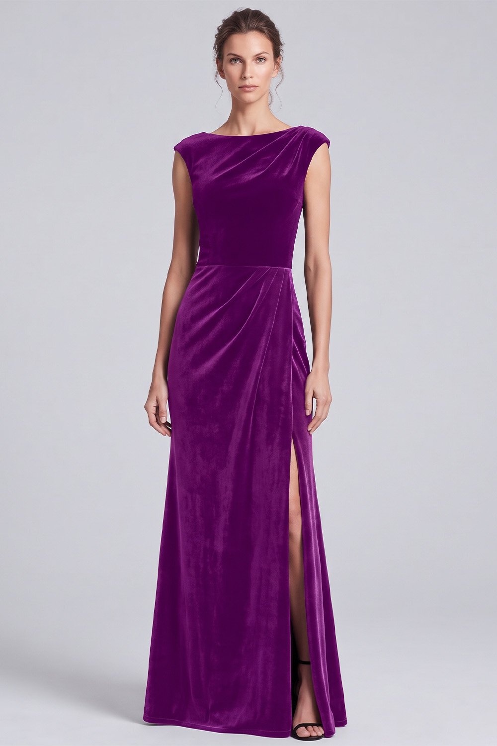 Black and Brown Velvet Sheath Boat Neck Ruched Long Holiday Party Dress with Slit