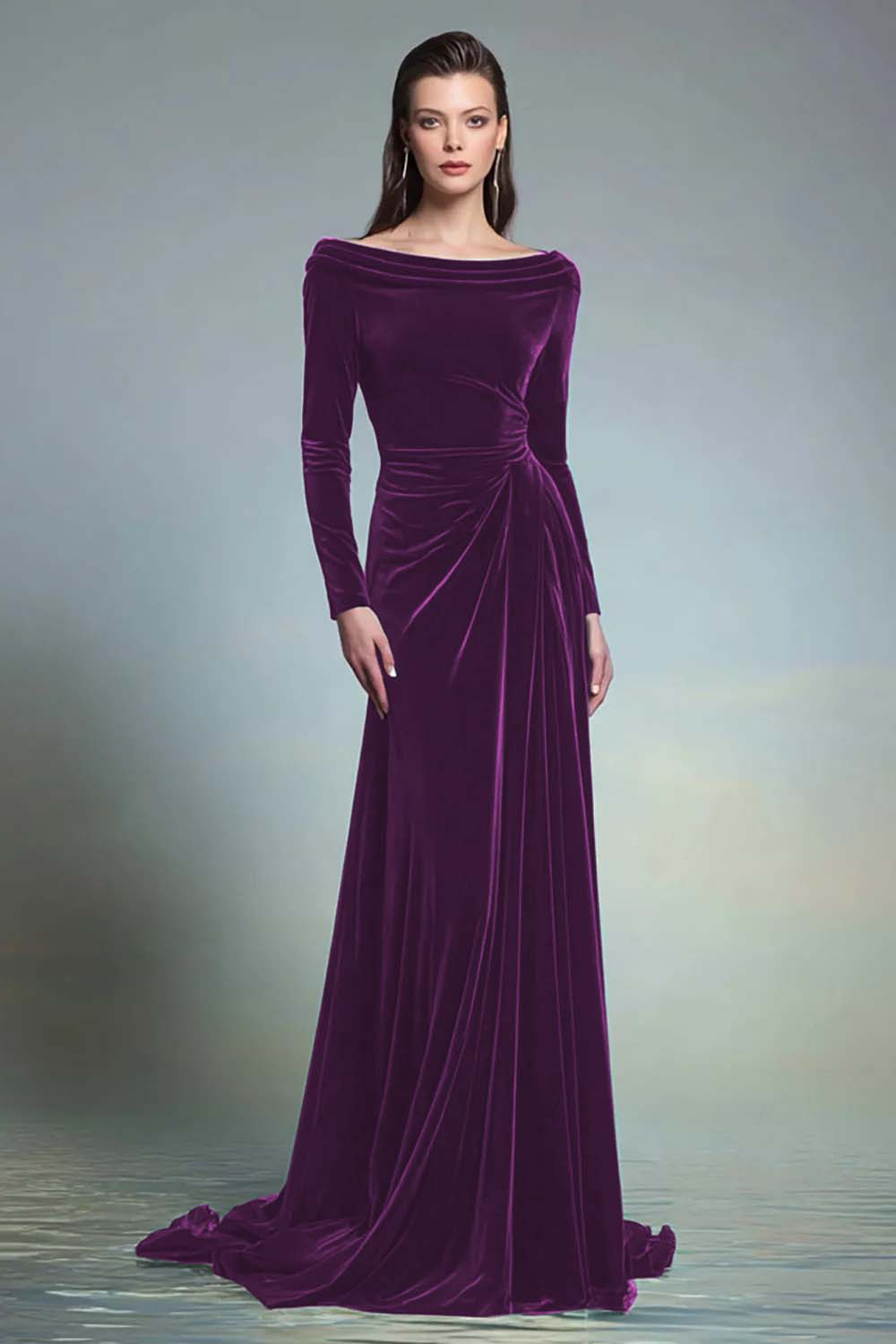 Modest Dark Green Bateau Neck Long Velvet Formal Dress with Sleeves