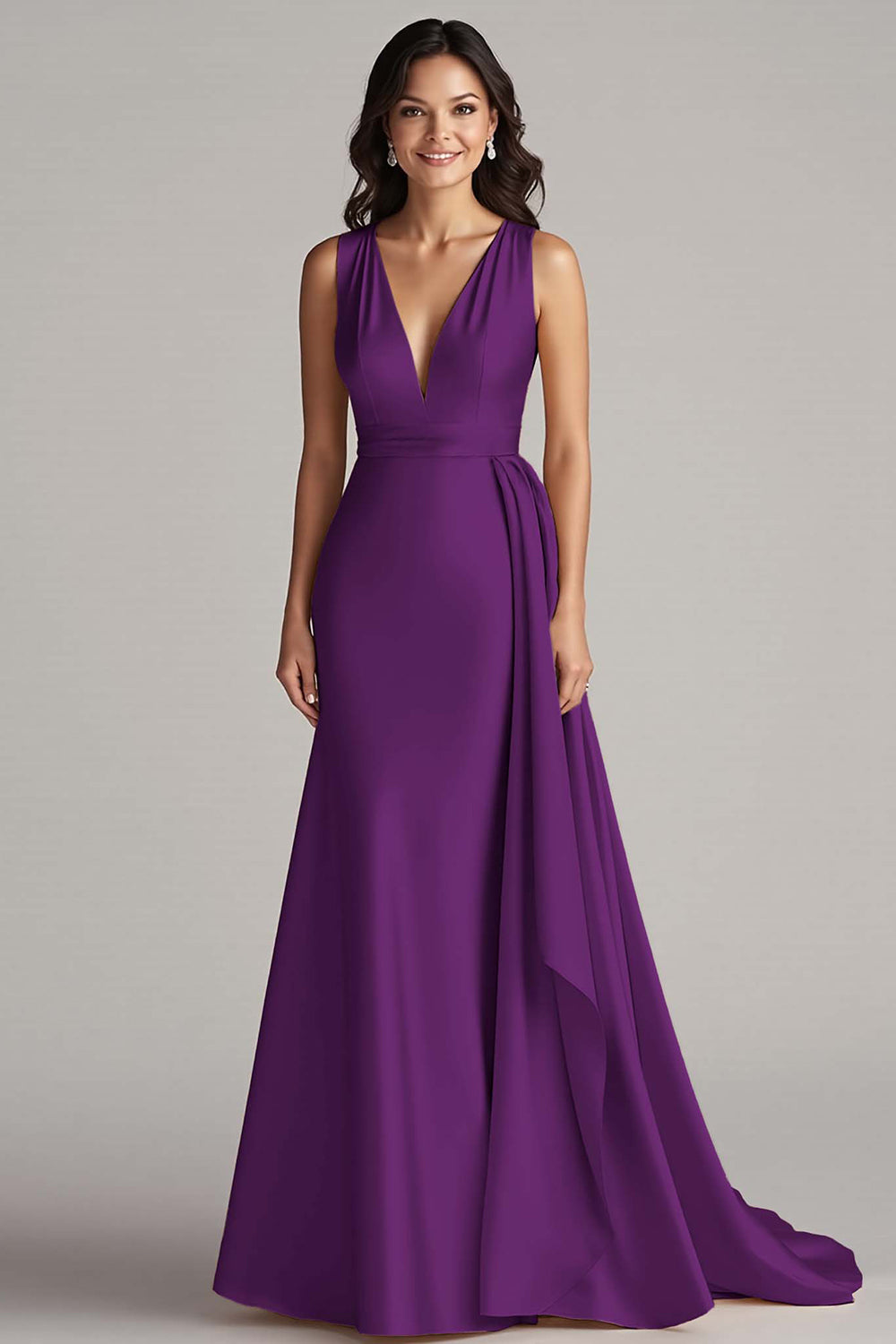 Champagne Deep V-Neck Sleeveless Long Satin Formal Dress