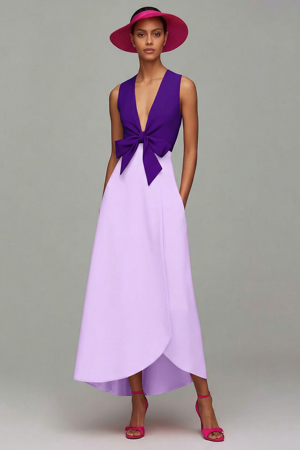 Orange and Fuchsia Deep V-Neck Long Pageant Dress with Bow
