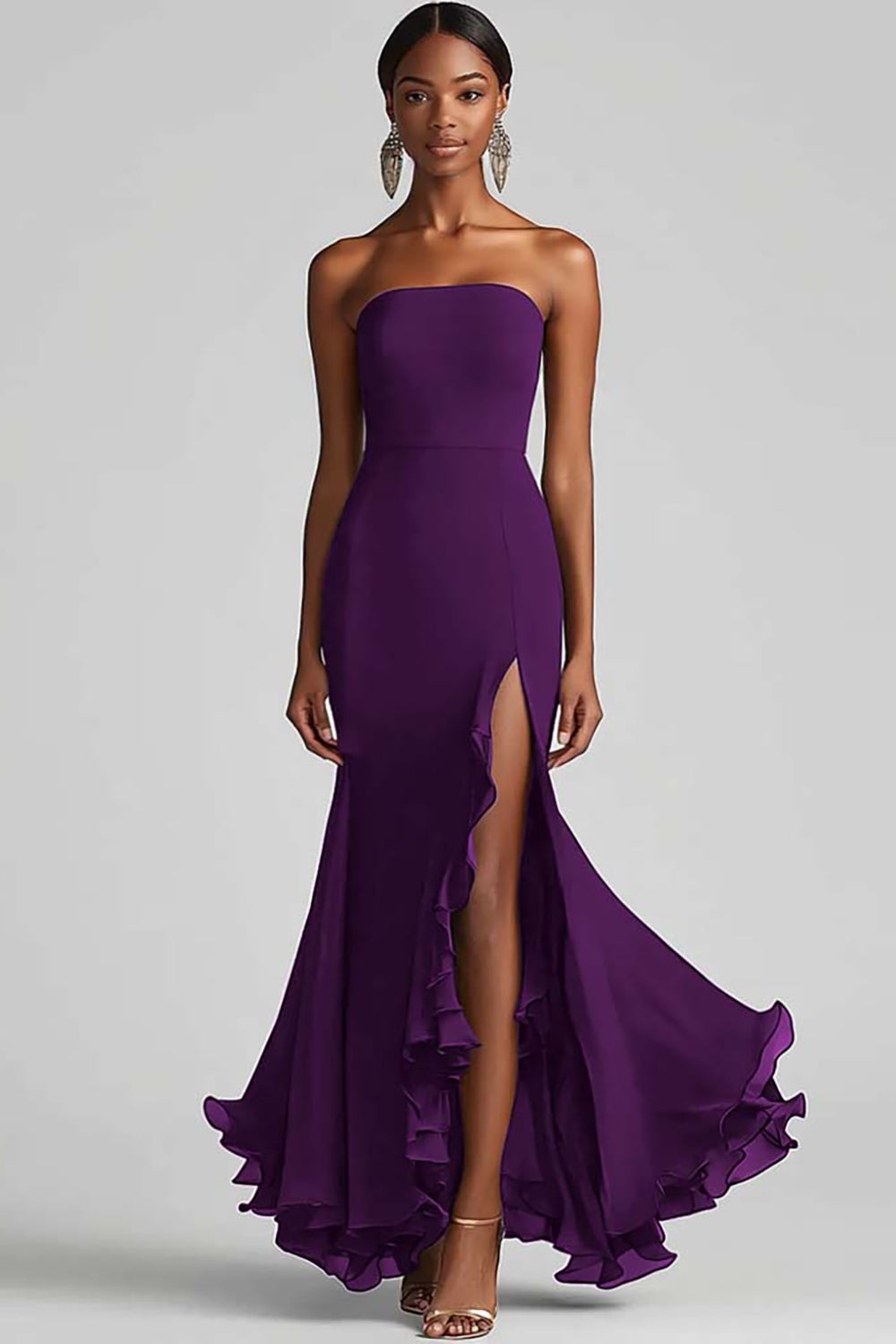 Strapless Sheath Chiffon Long Black Tie Dress with Slit