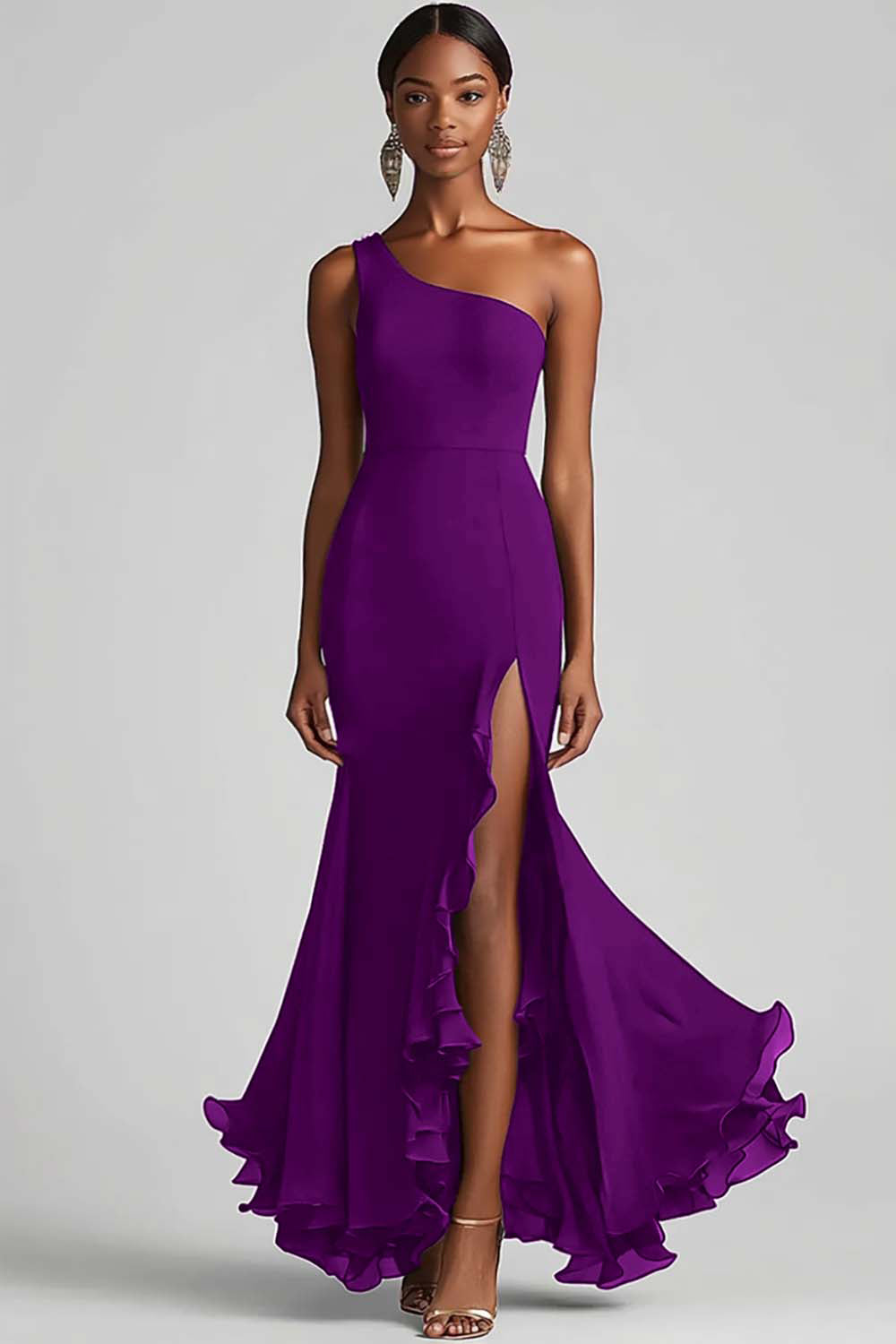 Flowy Black One Shoulder Long Chiffon Formal Dress with Slit