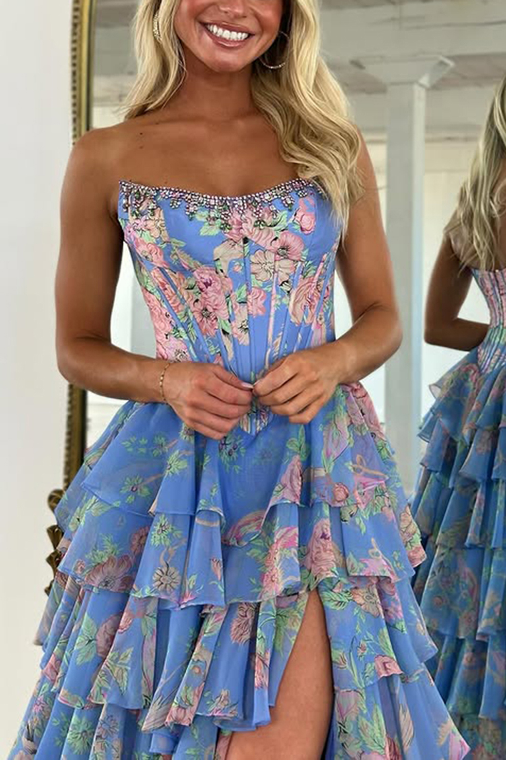 Sparkly Blue Floral Corset Ruffled Long Prom Dress with Slit