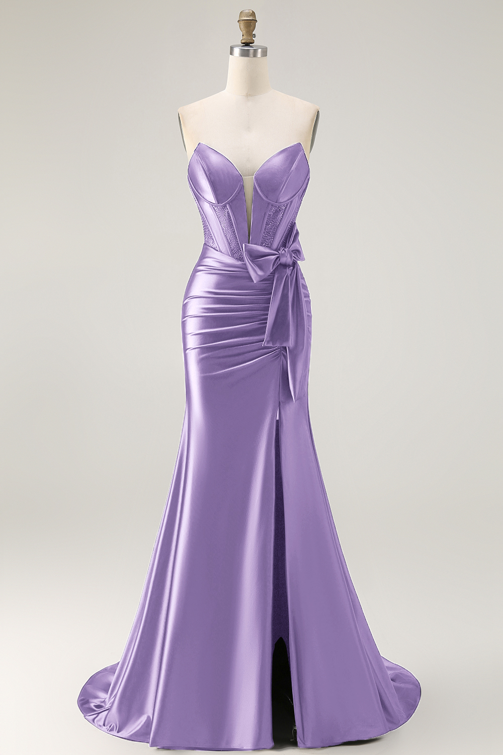 Navy Satin Strapless Mermaid Long Corset Prom Dress with Slit