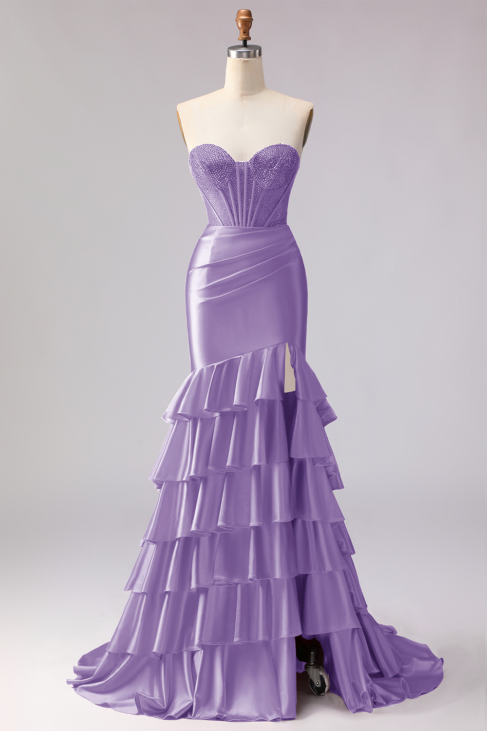 Sparkly Red Beaded Mermaid Sweetheart Ruffled Long Corset Prom Dress