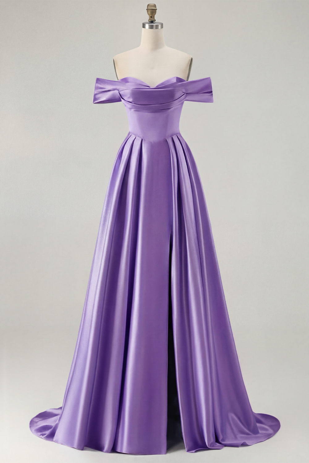 Blue A Line Off the Shoulder Long Satin Prom Dress with Slit