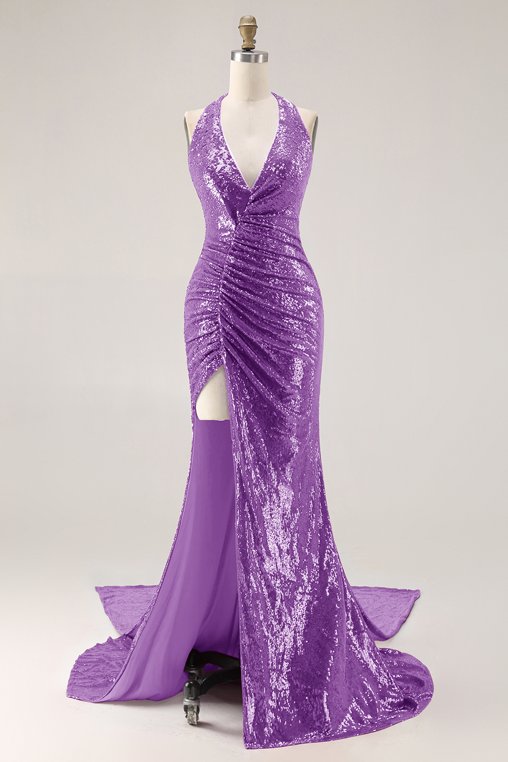 Sparkly Fuchsia Mermaid Sequin Side Cape Long Halter Prom Dress with Slit