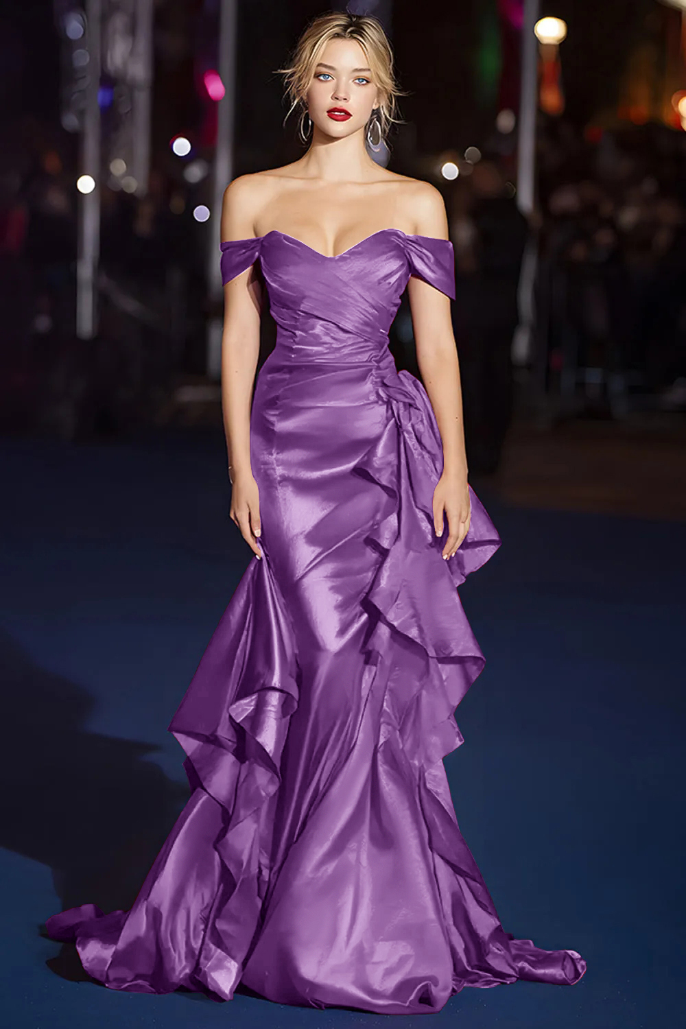 Elegant Red Off the Shoulder Mermaid Long Satin Gala Dress with Ruffles