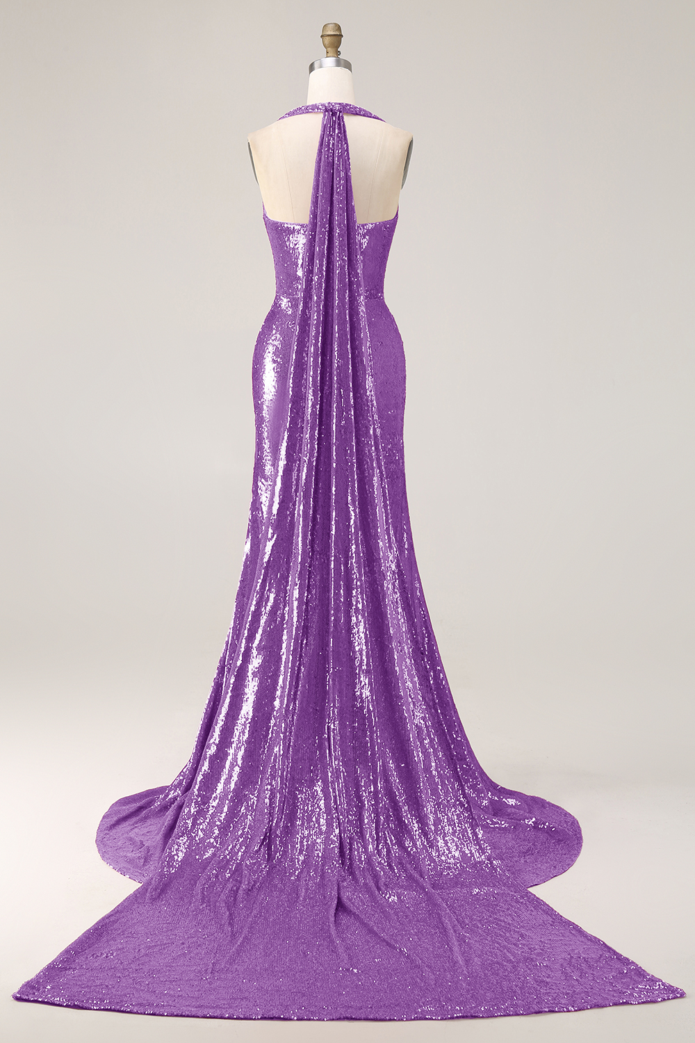 Sparkly Fuchsia Mermaid Sequin Side Cape Long Halter Prom Dress with Slit