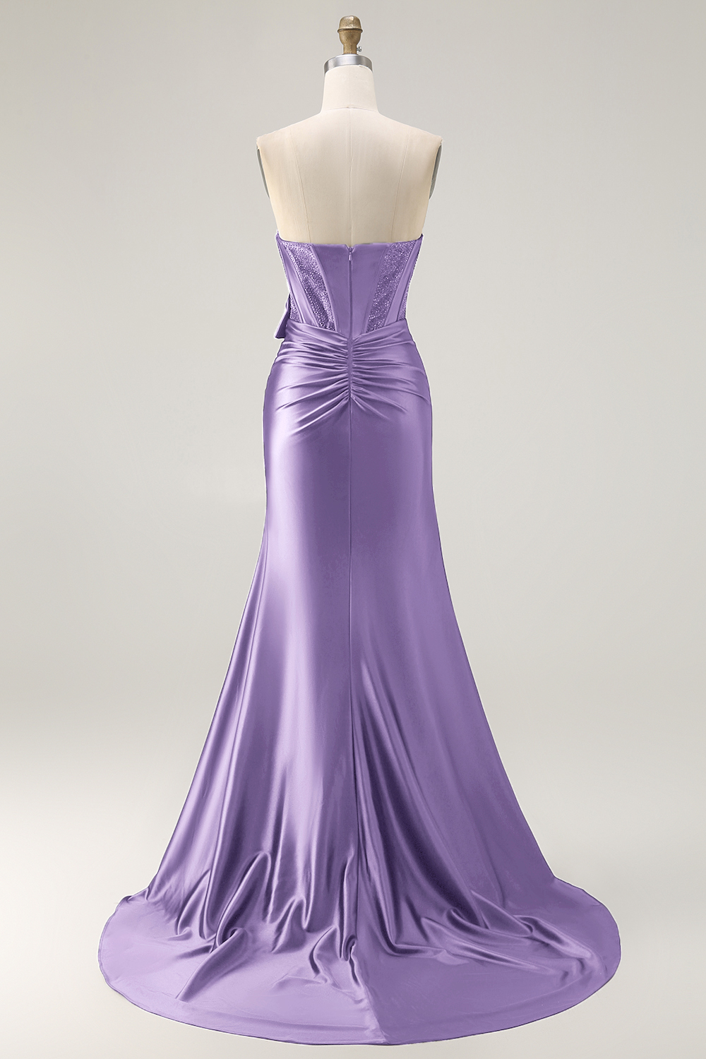 Navy Satin Strapless Mermaid Long Corset Prom Dress with Slit