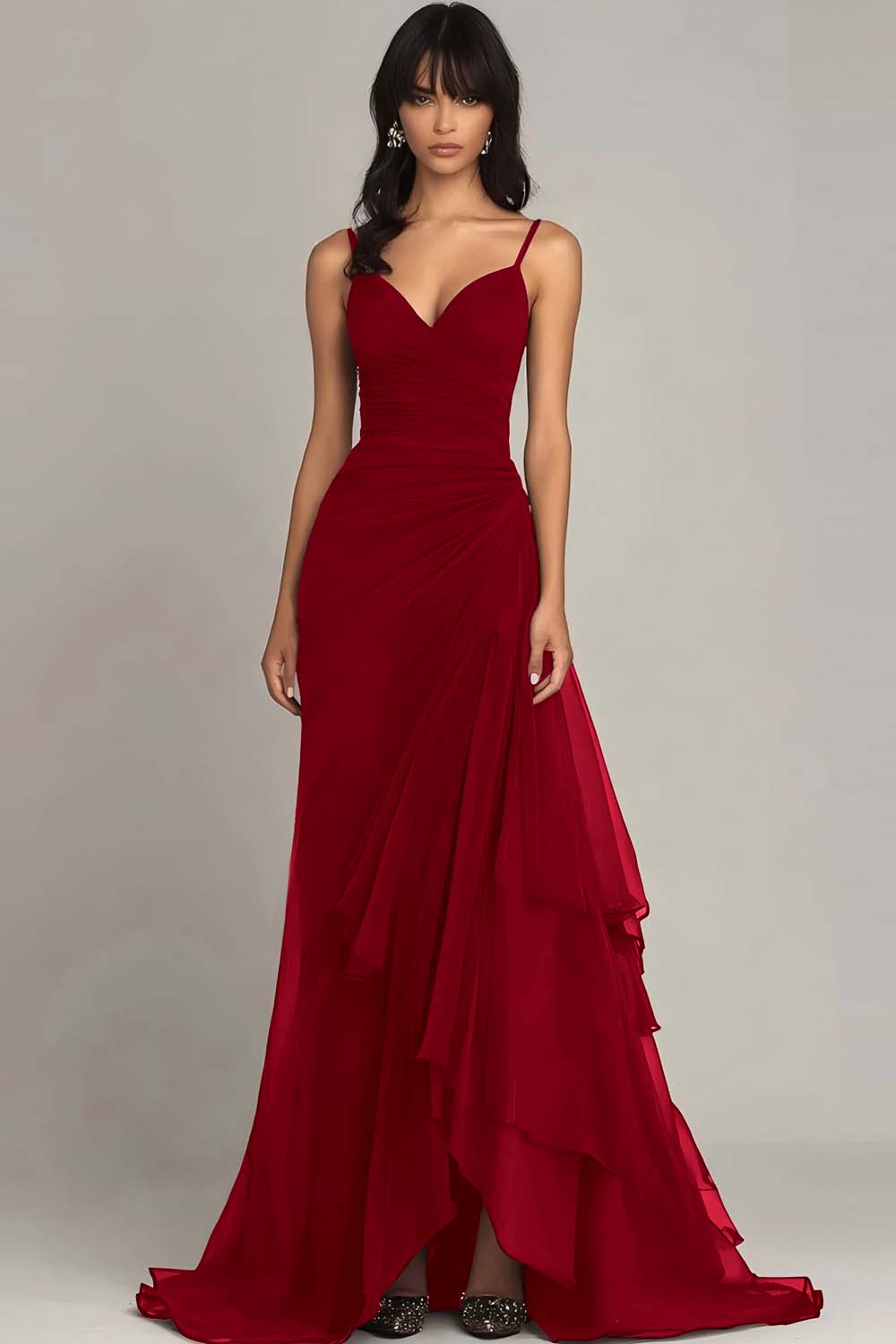 Dark Brown Spaghetti Straps Ruffled Long Chiffon Formal Dress