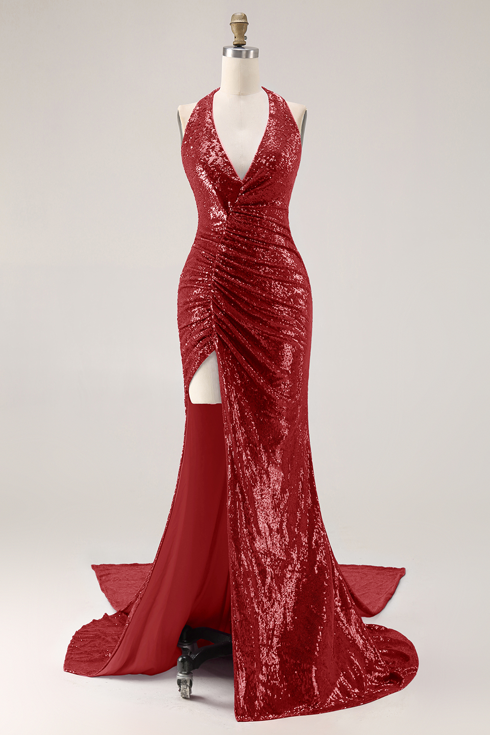 Sparkly Fuchsia Mermaid Sequin Side Cape Long Halter Prom Dress with Slit