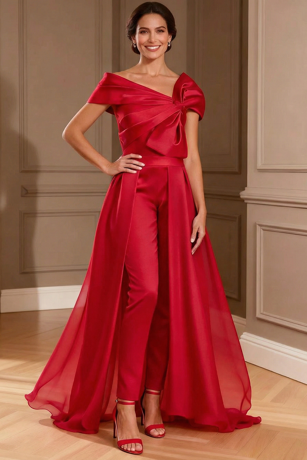 Fuchsia Satin Asymmetrical Neck Mother of the Bride Jumpsuits with Cape