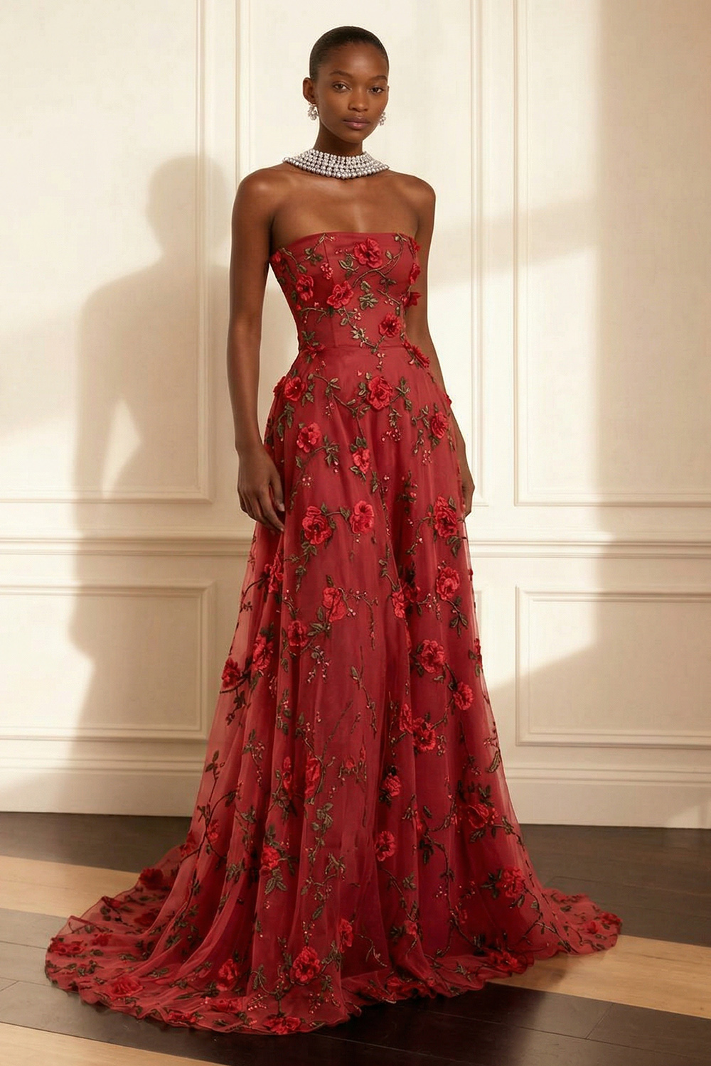 Floral Purple Strapless A Line Long Corset Prom Dress