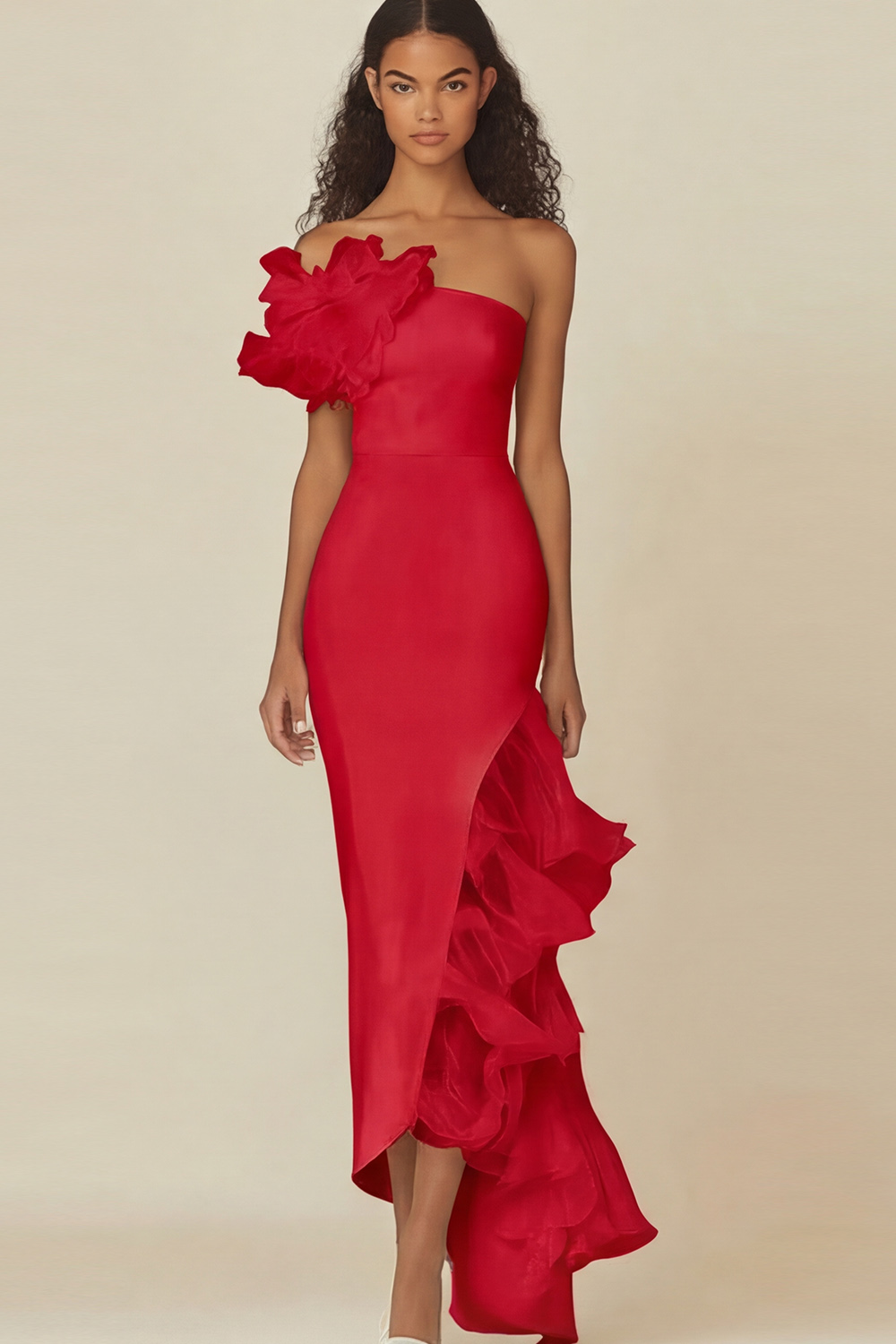 White Sheath Asymmetrical Long Ruffled Rehearsal Dinner Dress