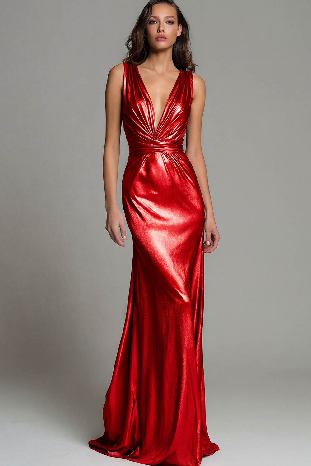 Sparkly Gold Mermaid Metallic Deep V-Neck Ruched Long Formal Dress