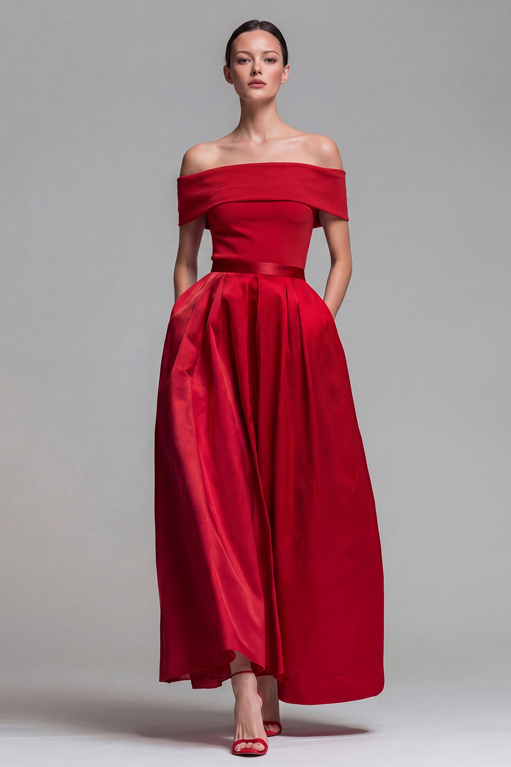 Fuchsia and Red A Line Off the Shoulder Long Patchwork Formal Dress