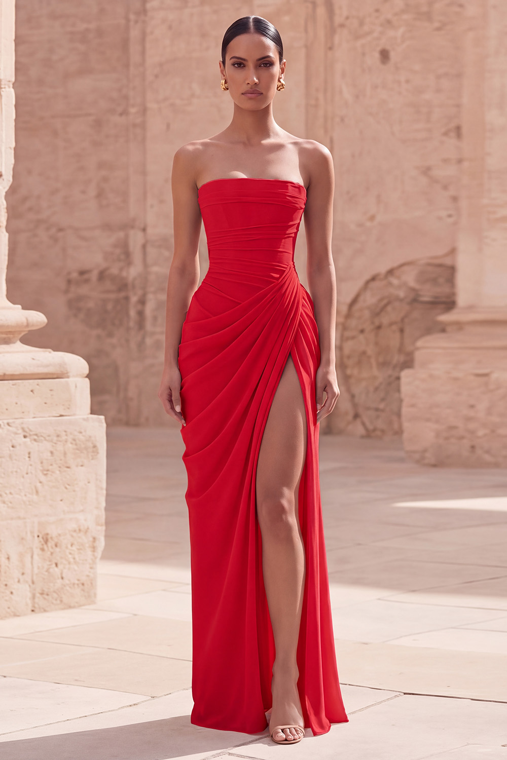 Light Pink Sheath Long Ruched Prom Dress with Slit