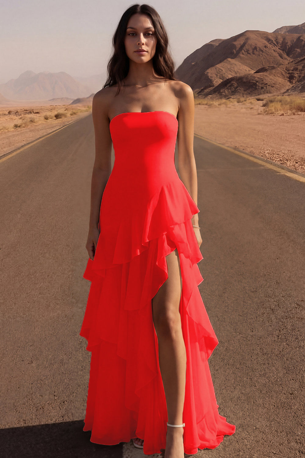 Ivory Strapless Maxi A Line Beach Engagement Dress with Ruffles