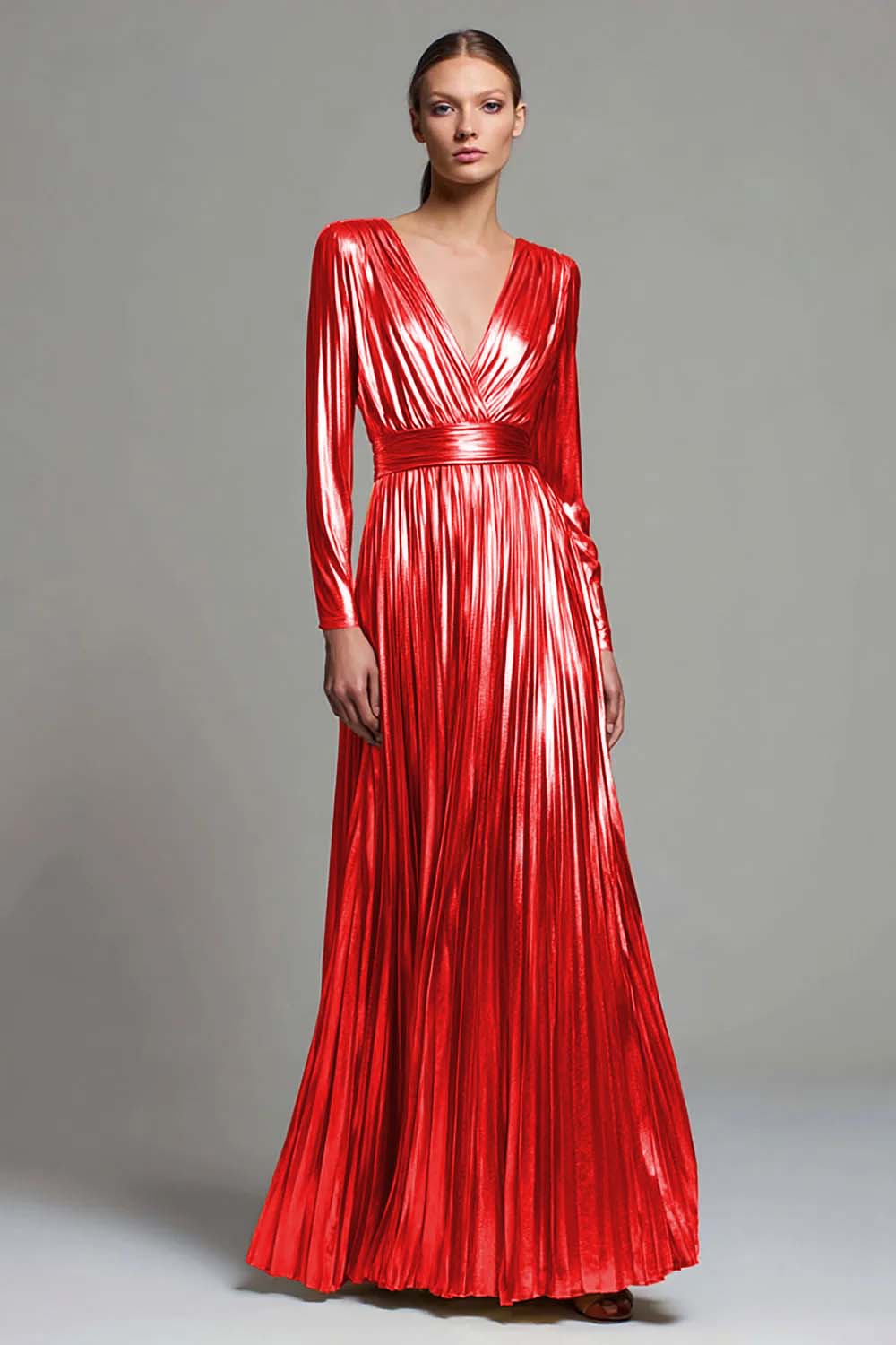 Sparkly Gold Metallic Pleated V-Neck A-Line Long Sleeves Formal Dress