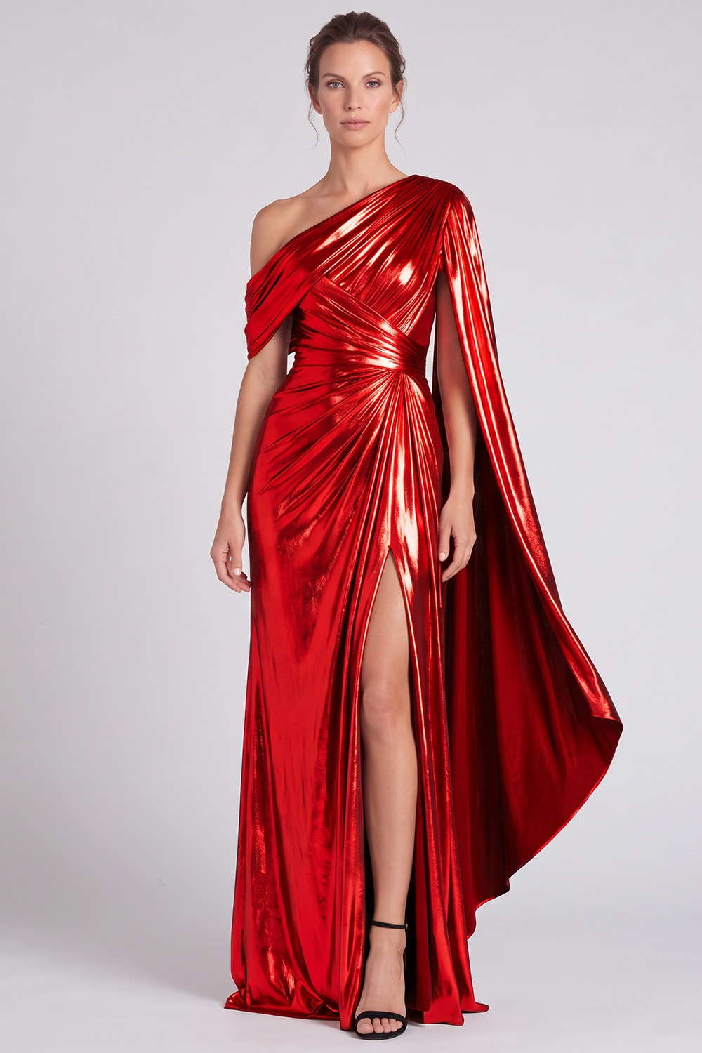 Gold Metallic Sheath Ruched One Shoulder Long Formal Dress with Slit