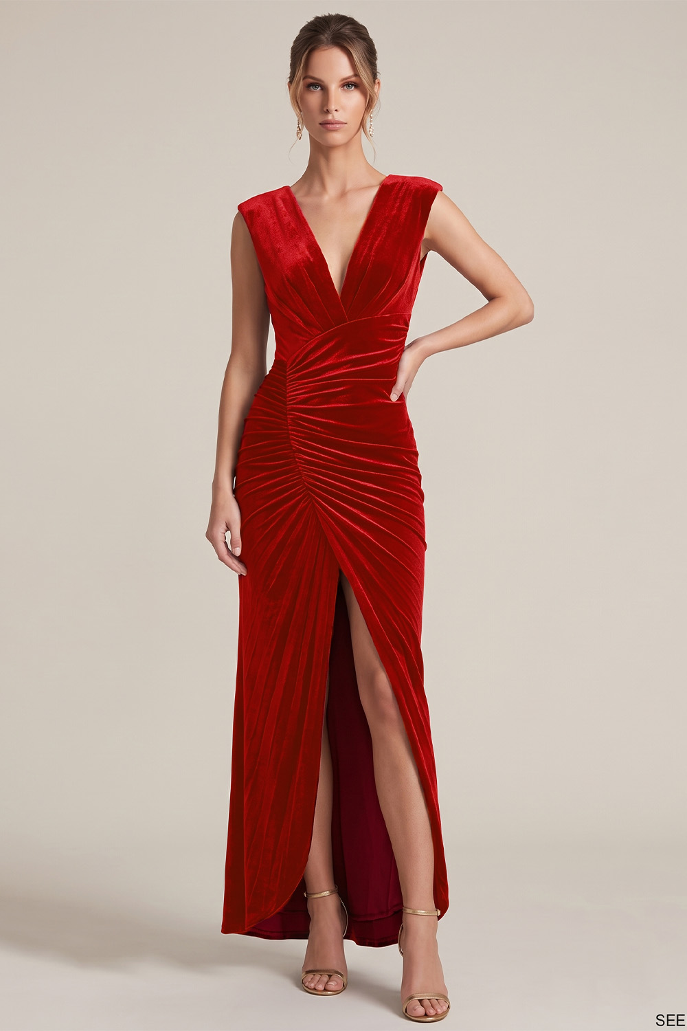 Dark Green Velvet Sheath V-Neck Ruched Maxi Holiday Dress with Slit