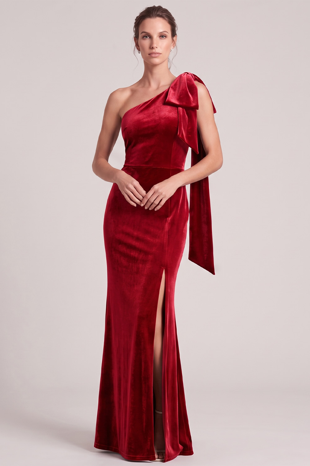 Olive Velvet Mermaid One Shoulder Long Holiday Dress with Slit