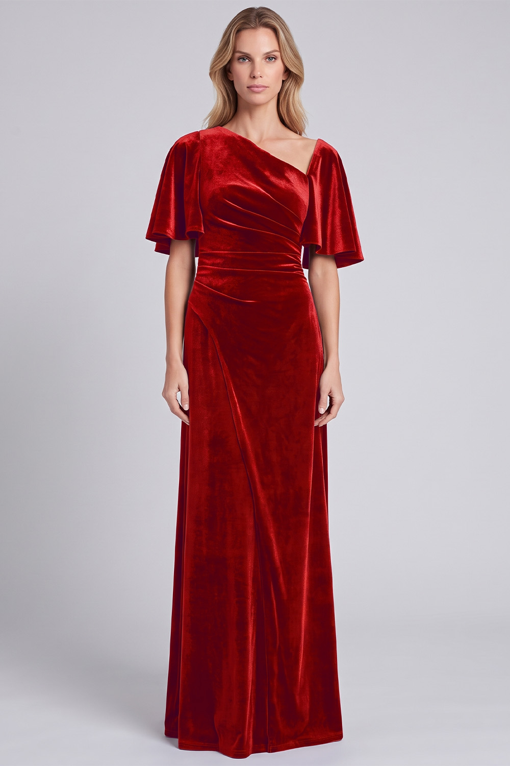 Dark Grey Sheath Asymmetrical Neck Velvet Ruched Long Holiday Party Dress