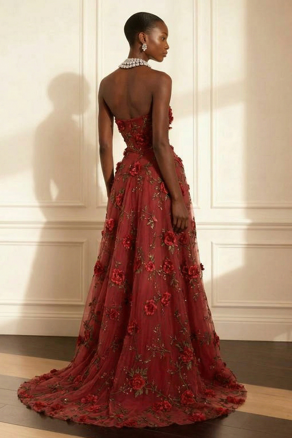 Floral Purple Strapless A Line Long Corset Prom Dress