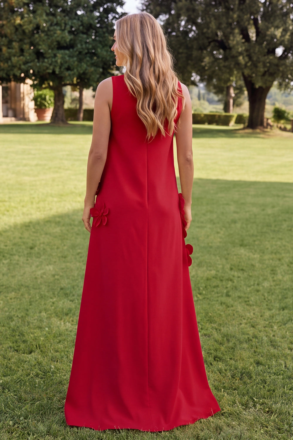 Blue Floral A Line High Neck Long Formal Dress
