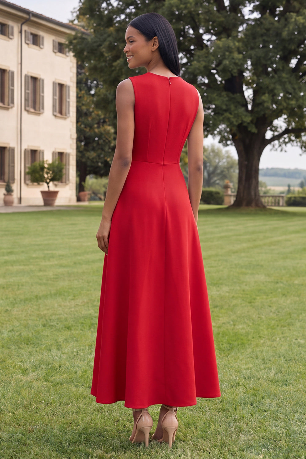 A Line Round Neck Yellow Floral Maxi Formal Dress