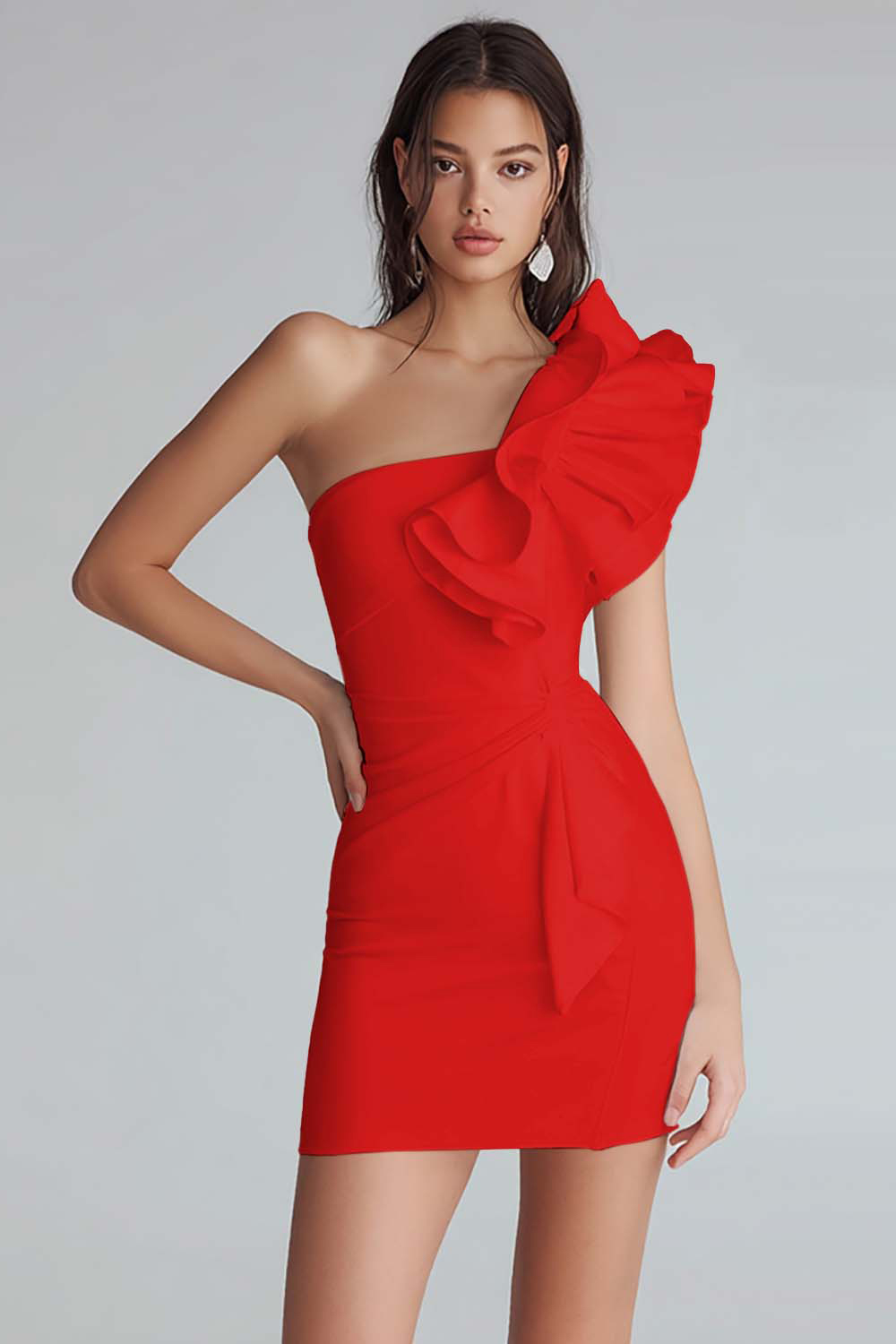 Ivory Satin Satin One Shoulder Short Tight Homecoming Dress with Ruffles