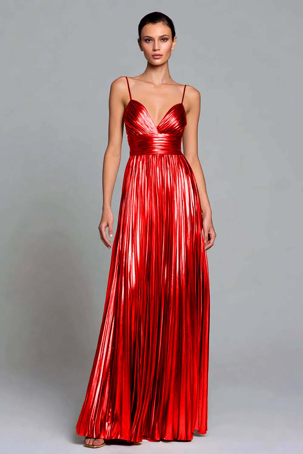 Sparkly Gold A-Line Metallic Pleated Spaghetti Straps Long Formal Dress