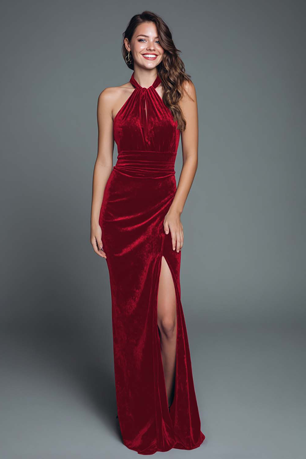 Burgundy Halter Mermaid Long Velvet Holiday Party Dress with Slit